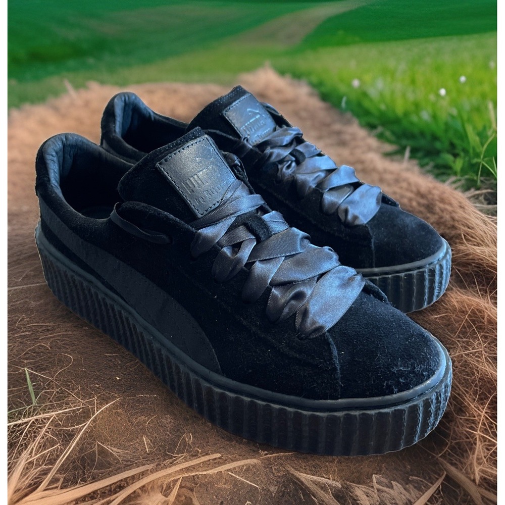 Puma Suede Shoes Women 8.5 Solid Black Sneaker Creeper Ribbon Laces  362268 01
